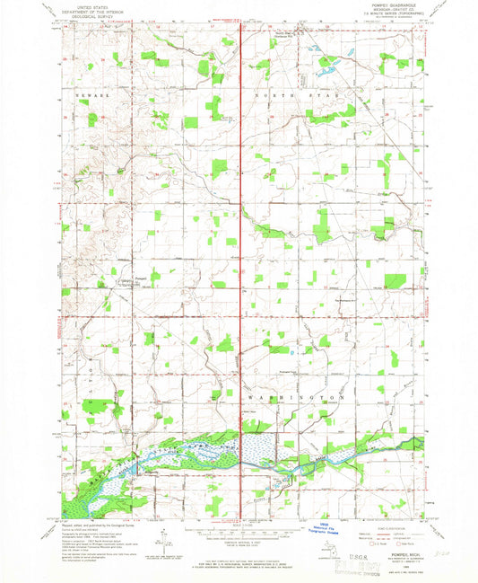 Classic USGS Pompeii Michigan 7.5'x7.5' Topo Map Image
