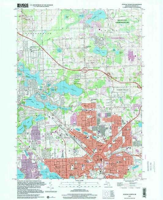 Classic USGS Pontiac North Michigan 7.5'x7.5' Topo Map Image