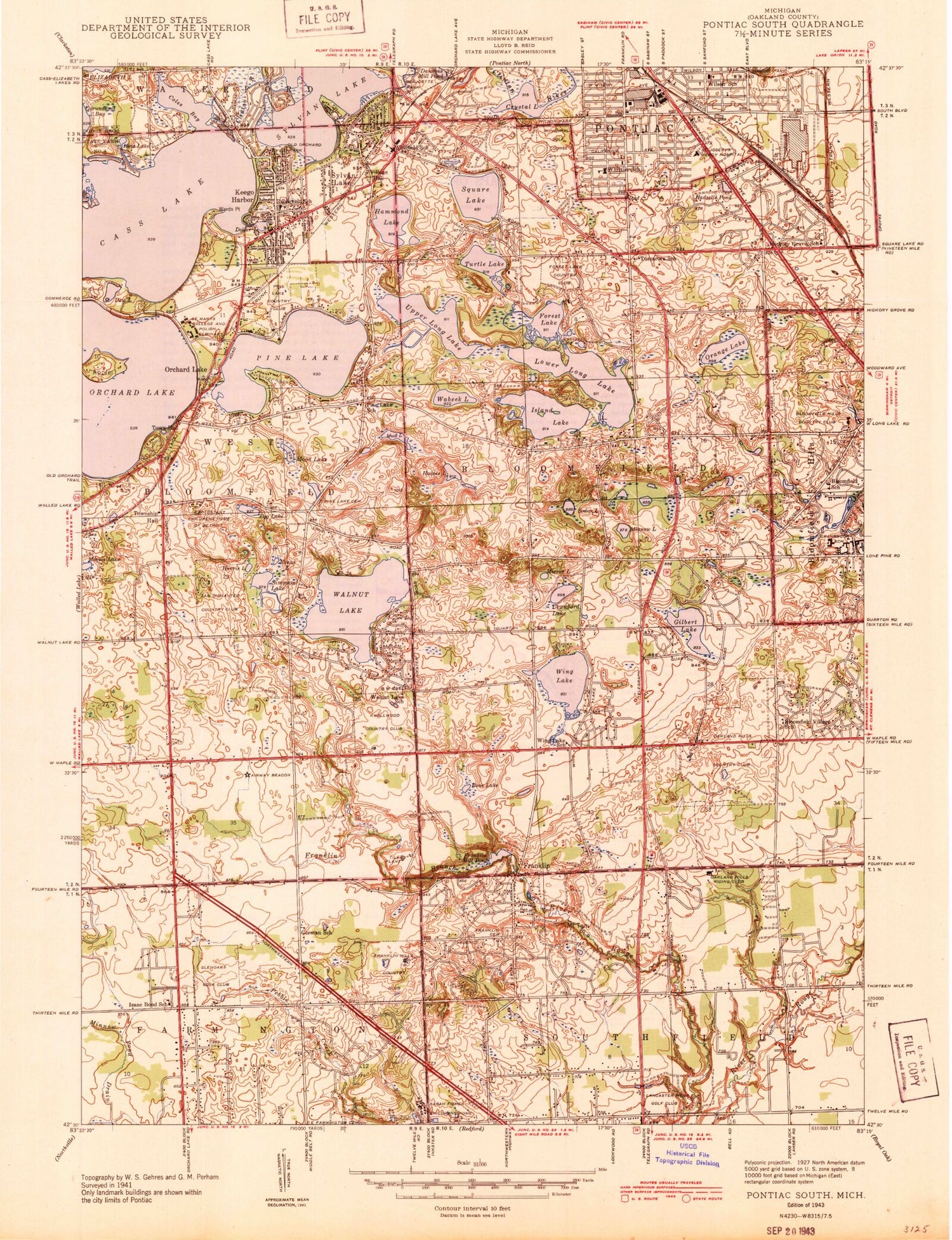 Classic USGS Pontiac South Michigan 7.5'x7.5' Topo Map Image