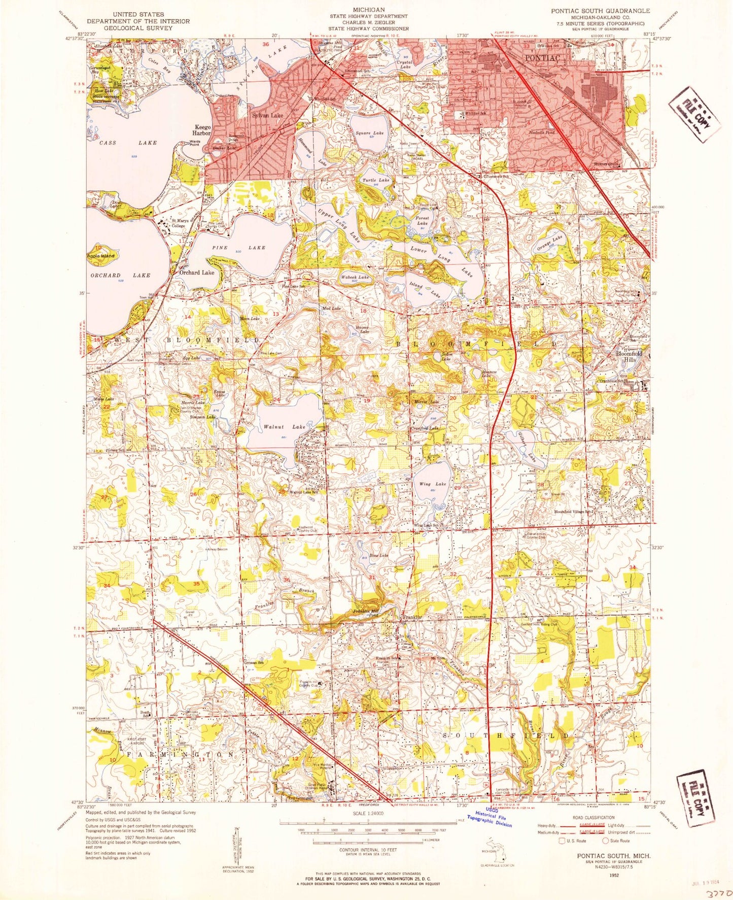 Classic USGS Pontiac South Michigan 7.5'x7.5' Topo Map Image
