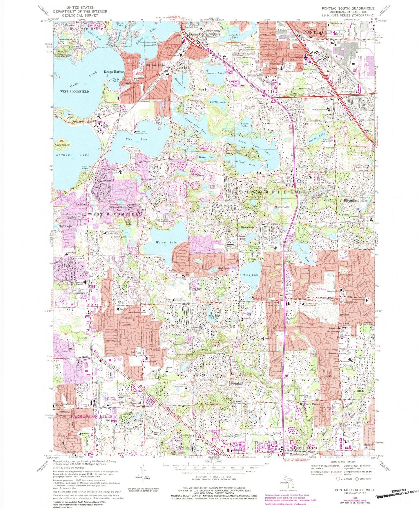 Classic USGS Pontiac South Michigan 7.5'x7.5' Topo Map Image