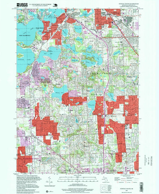 Classic USGS Pontiac South Michigan 7.5'x7.5' Topo Map Image