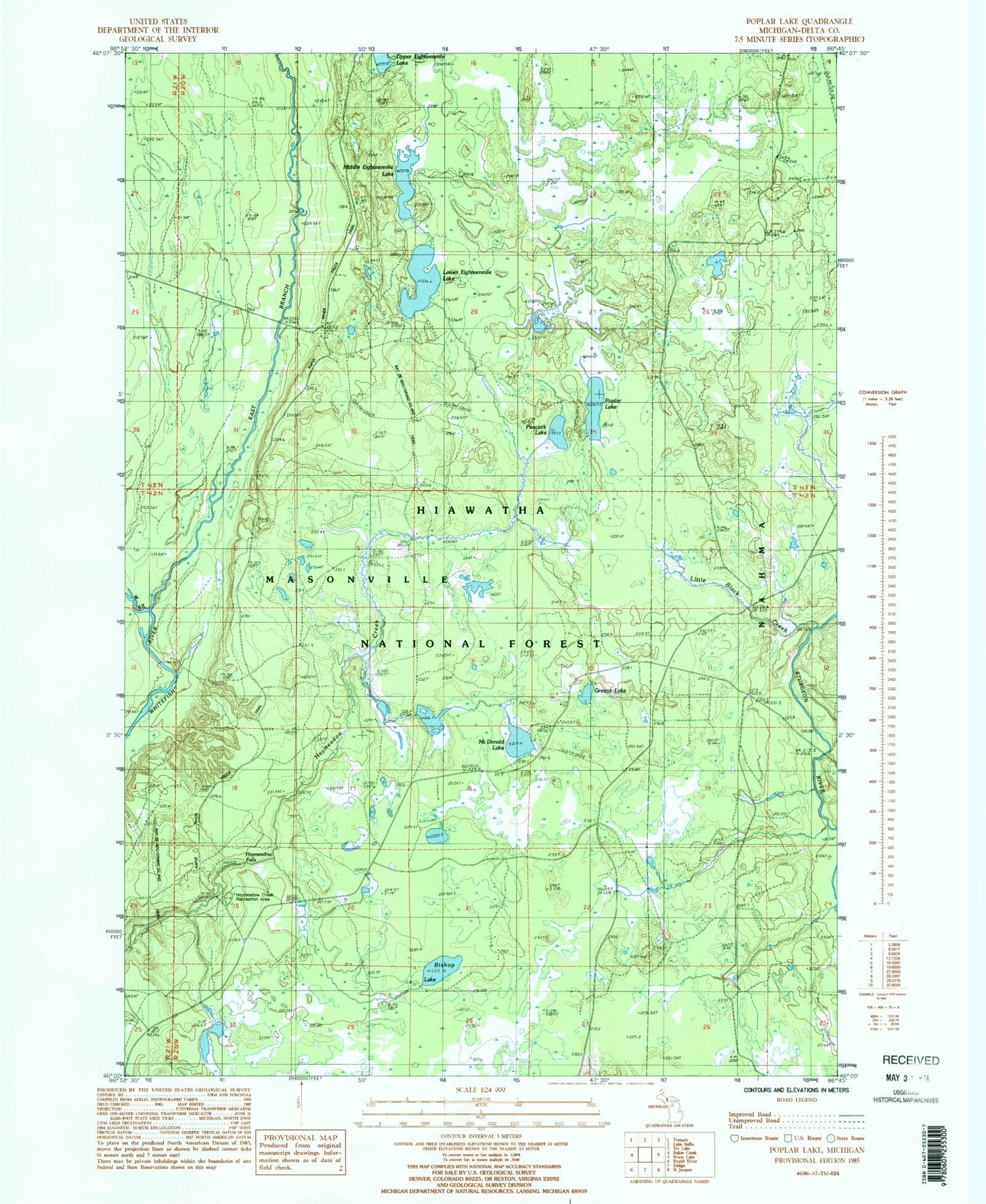 Classic USGS Poplar Lake Michigan 7.5'x7.5' Topo Map Image