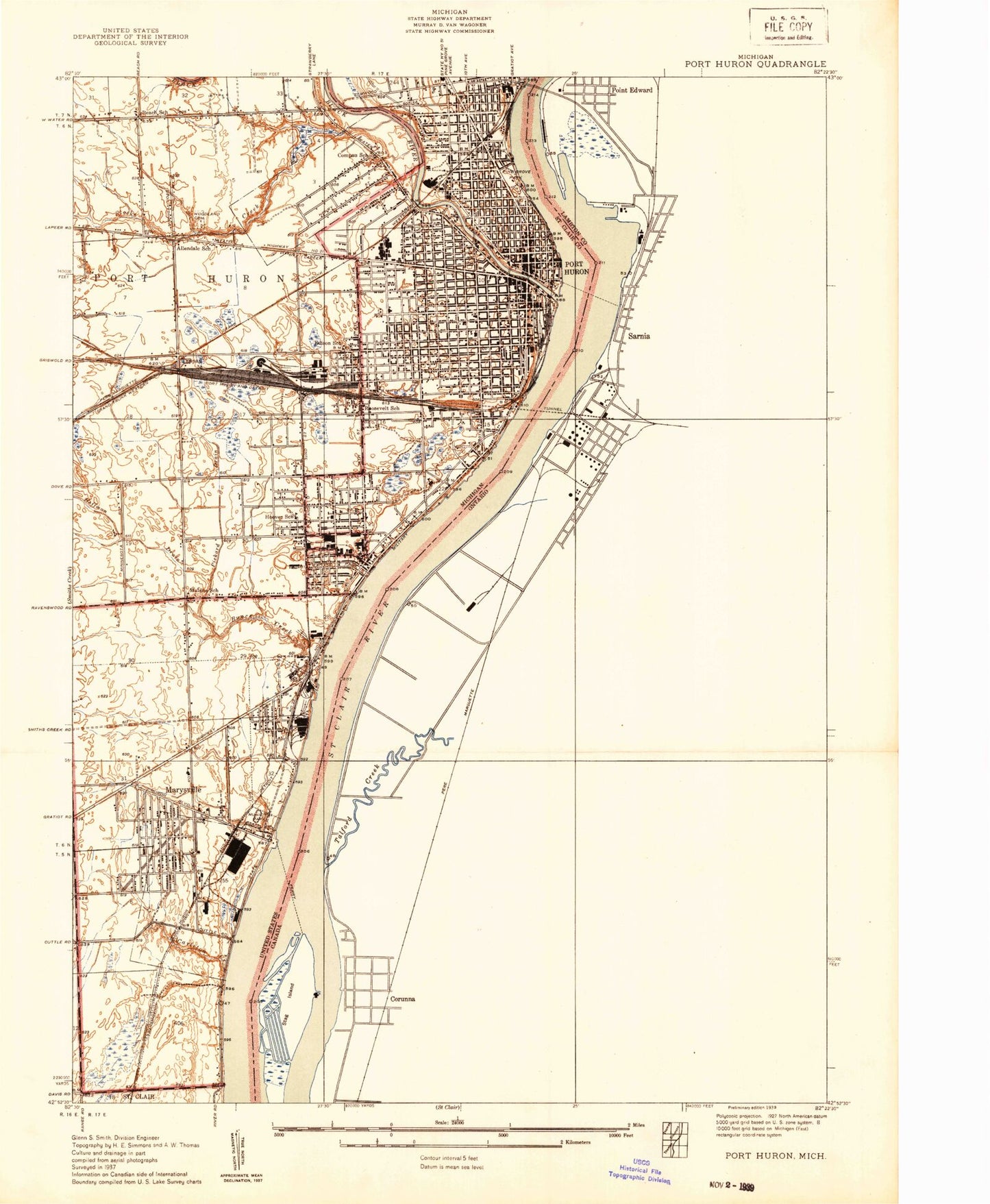 Classic USGS Port Huron Michigan 7.5'x7.5' Topo Map Image