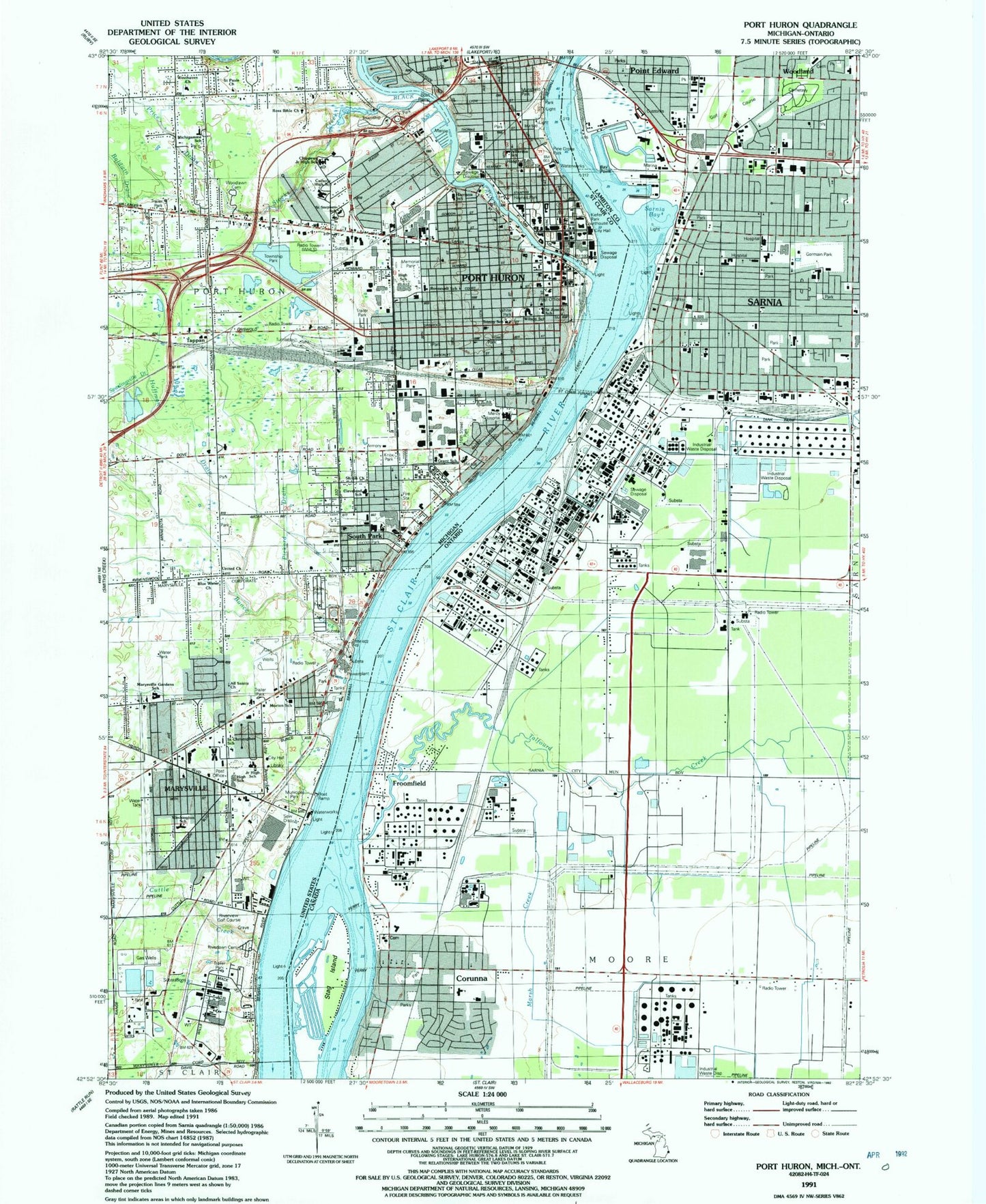 Classic USGS Port Huron Michigan 7.5'x7.5' Topo Map Image