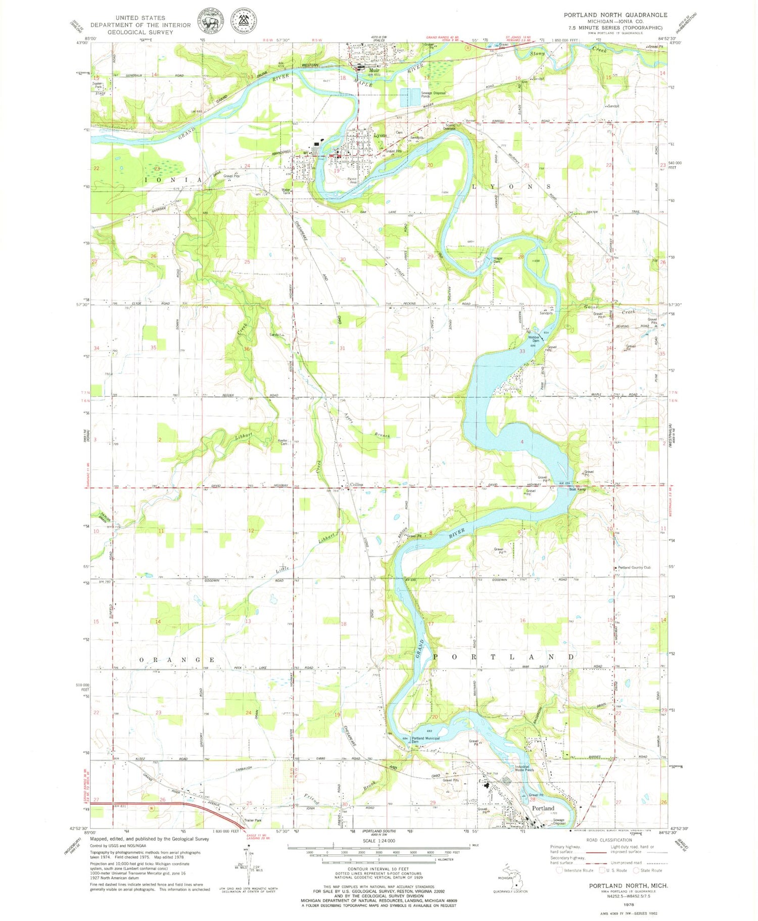 Classic USGS Portland North Michigan 7.5'x7.5' Topo Map Image