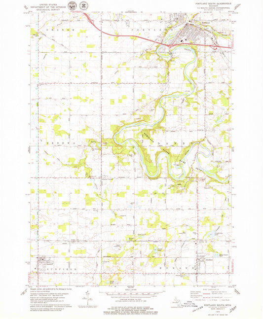 Classic USGS Portland South Michigan 7.5'x7.5' Topo Map Image