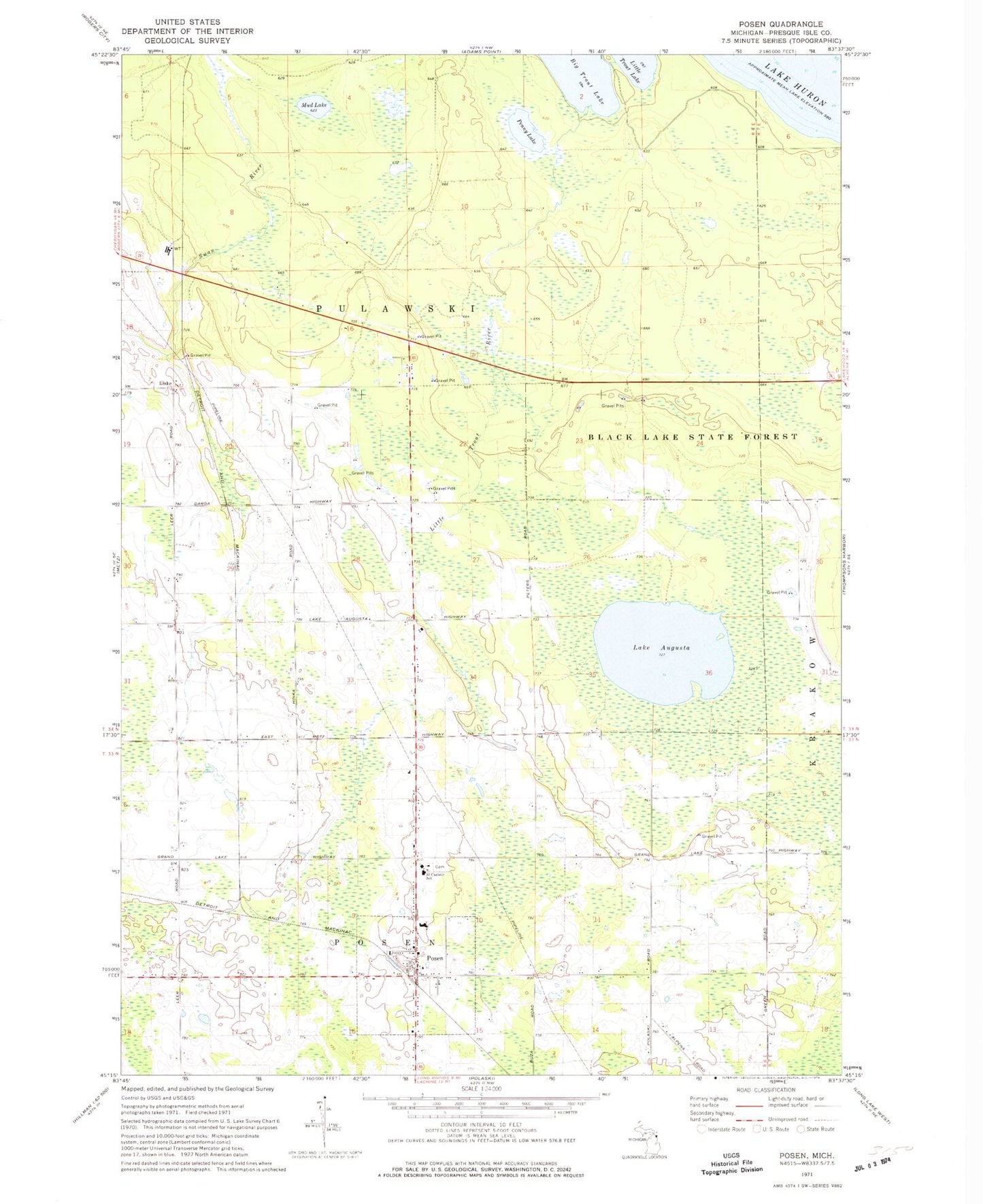 Classic USGS Posen Michigan 7.5'x7.5' Topo Map Image