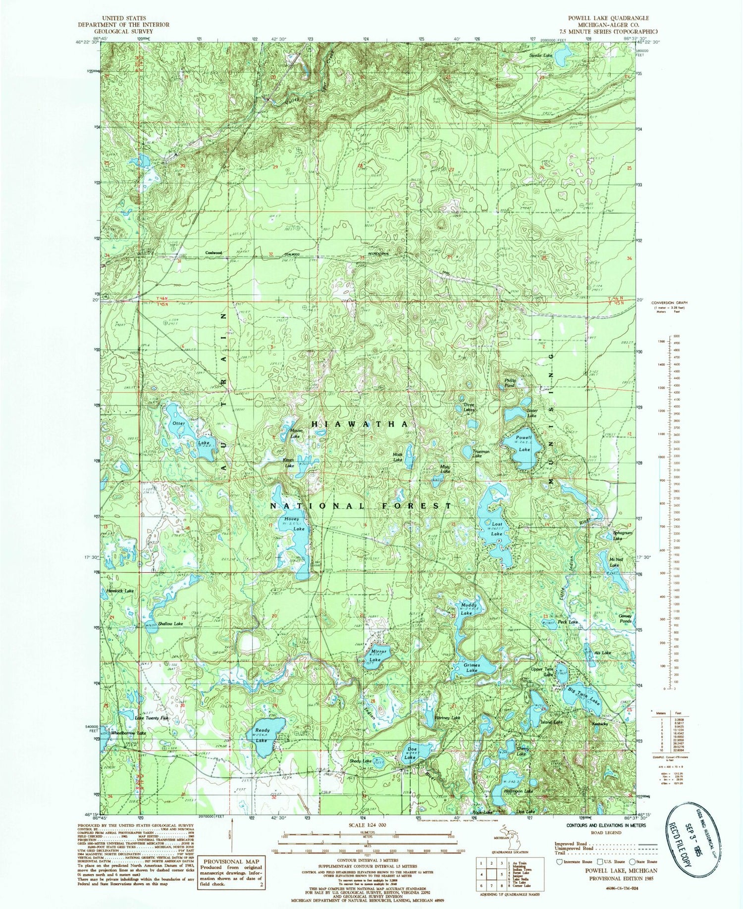 Classic USGS Powell Lake Michigan 7.5'x7.5' Topo Map Image