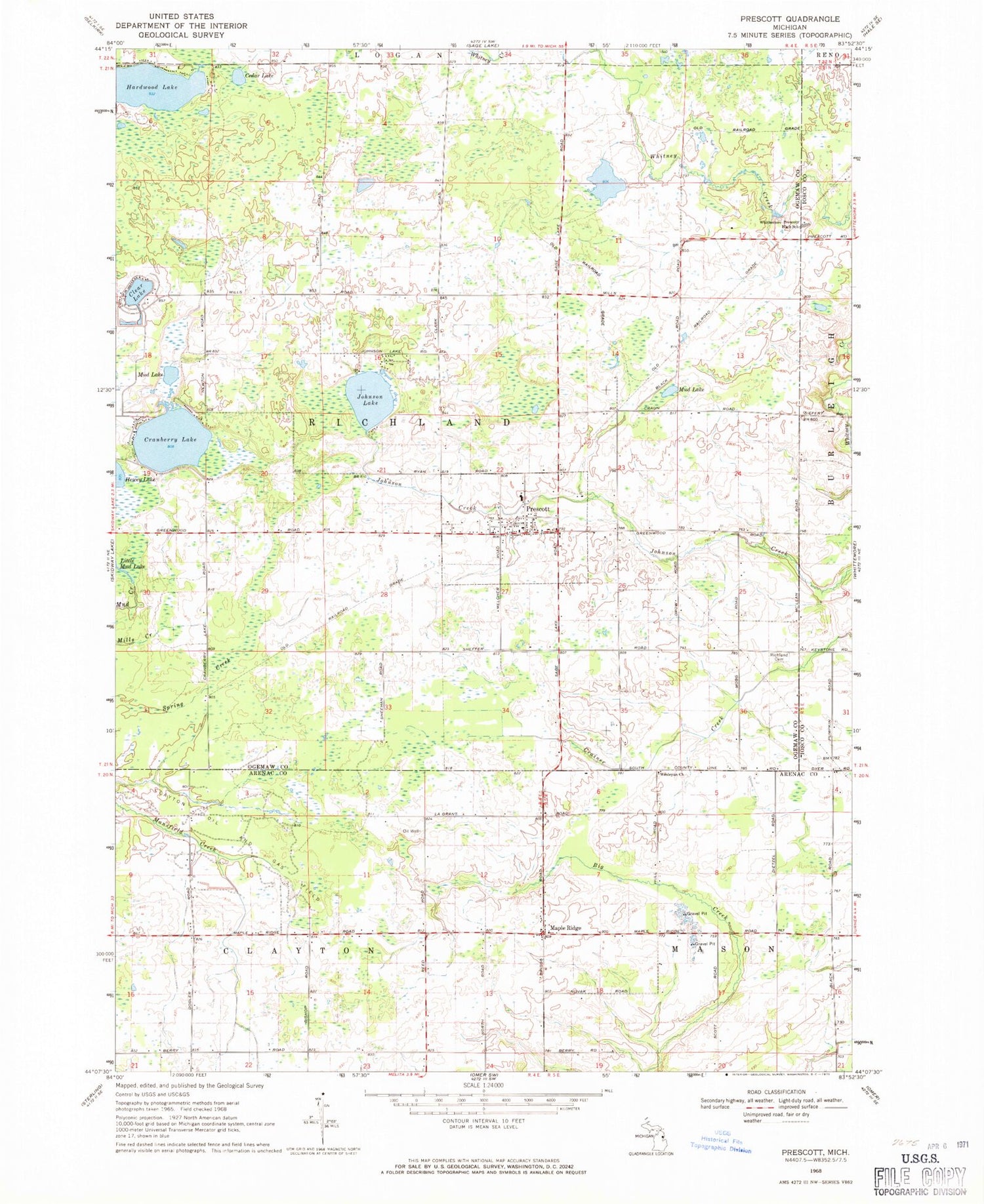 Classic USGS Prescott Michigan 7.5'x7.5' Topo Map Image