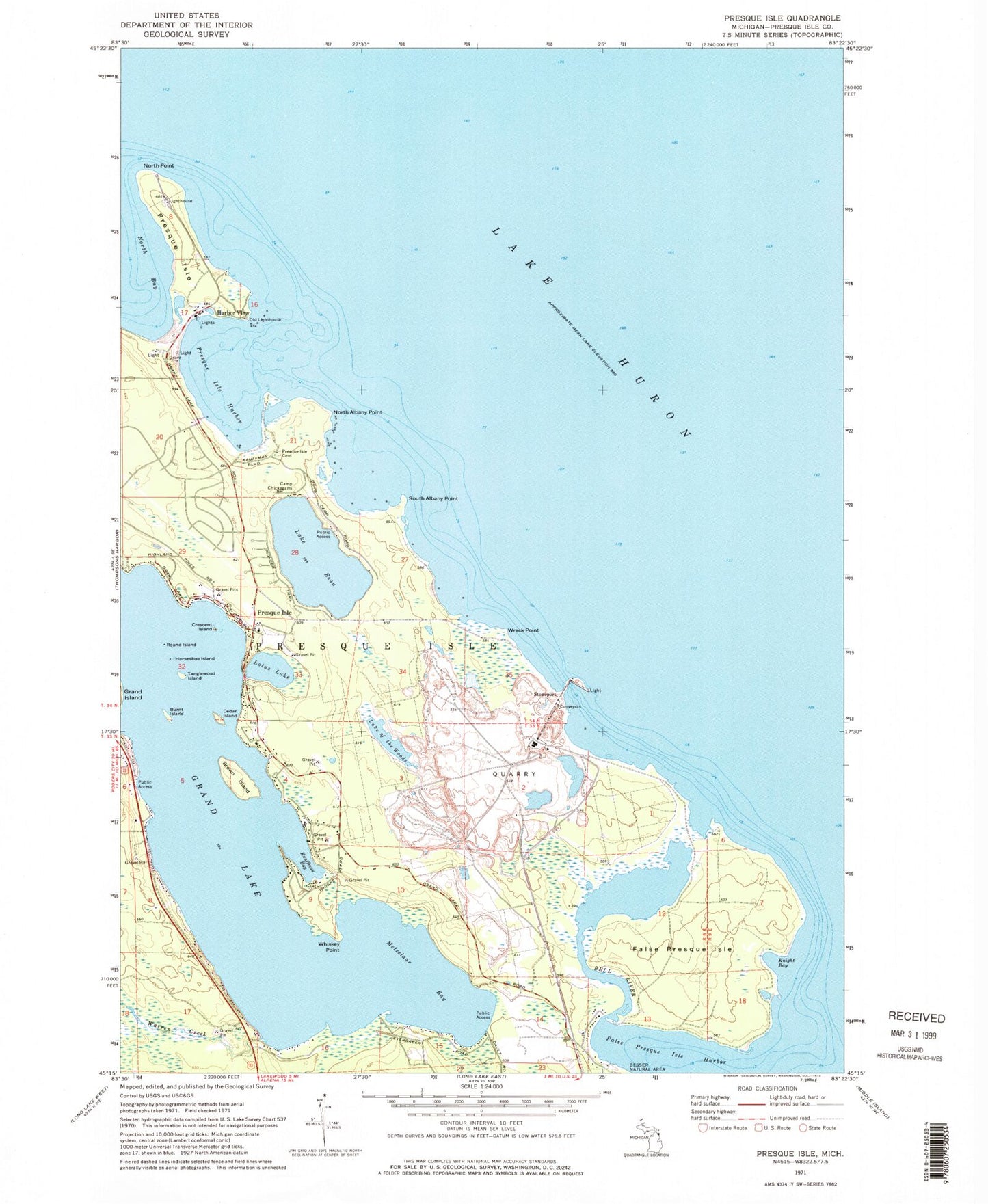 Classic USGS Presque Isle Michigan 7.5'x7.5' Topo Map Image