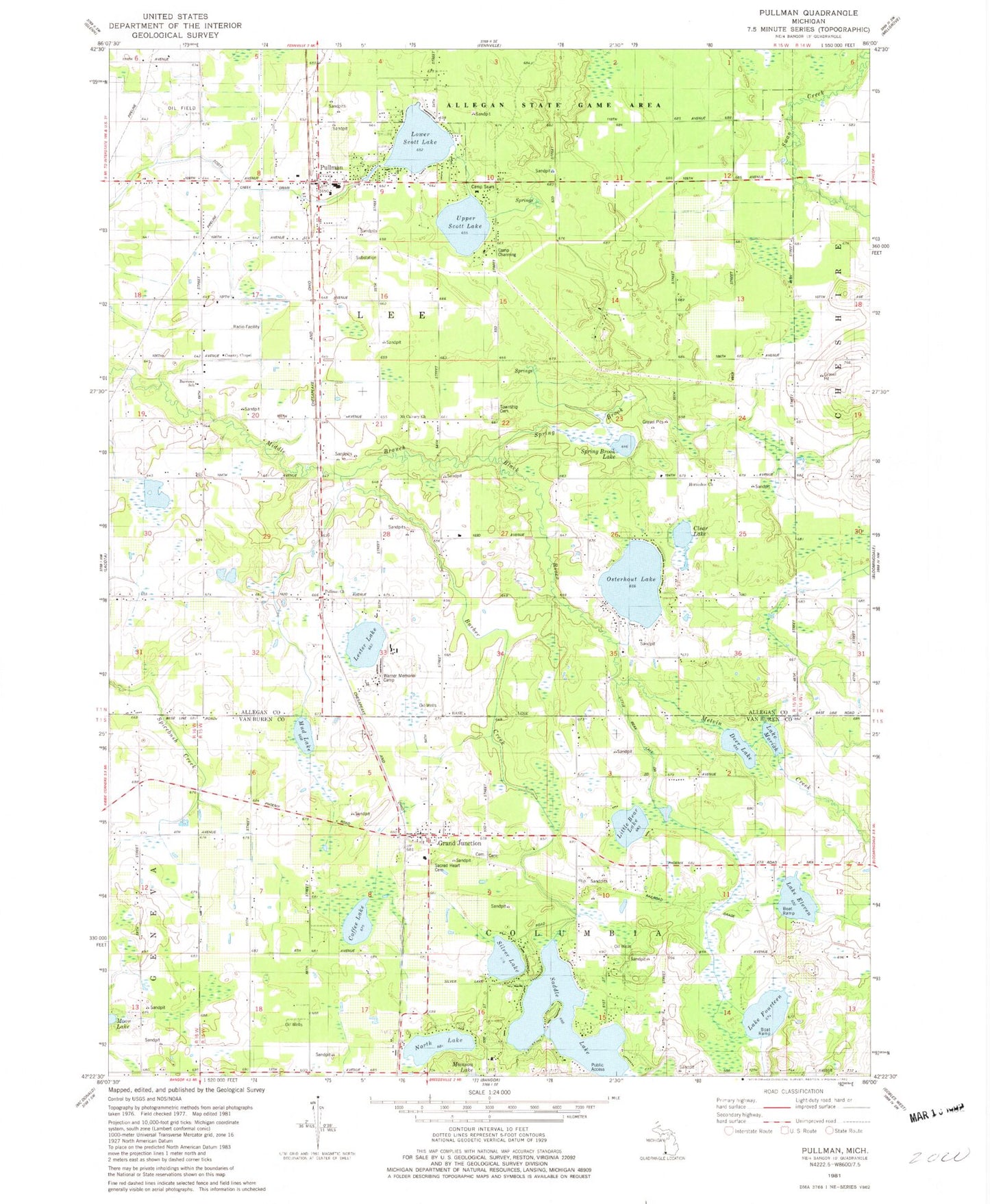 Classic USGS Pullman Michigan 7.5'x7.5' Topo Map Image
