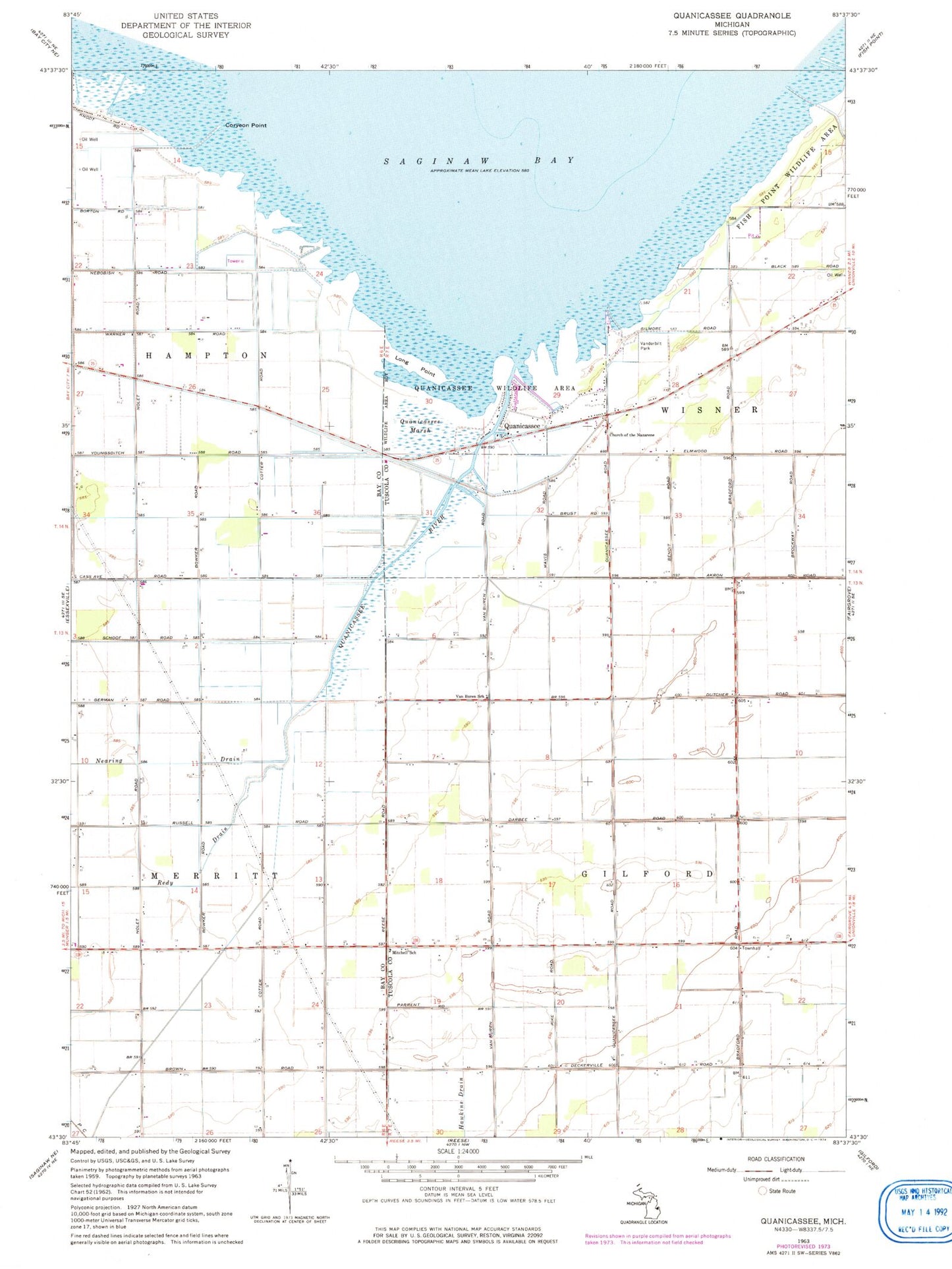 Classic USGS Quanicassee Michigan 7.5'x7.5' Topo Map Image