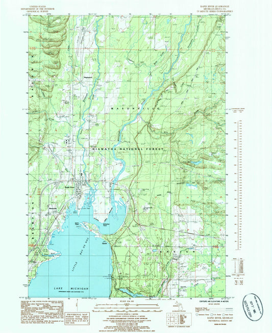 Classic USGS Rapid River Michigan 7.5'x7.5' Topo Map Image