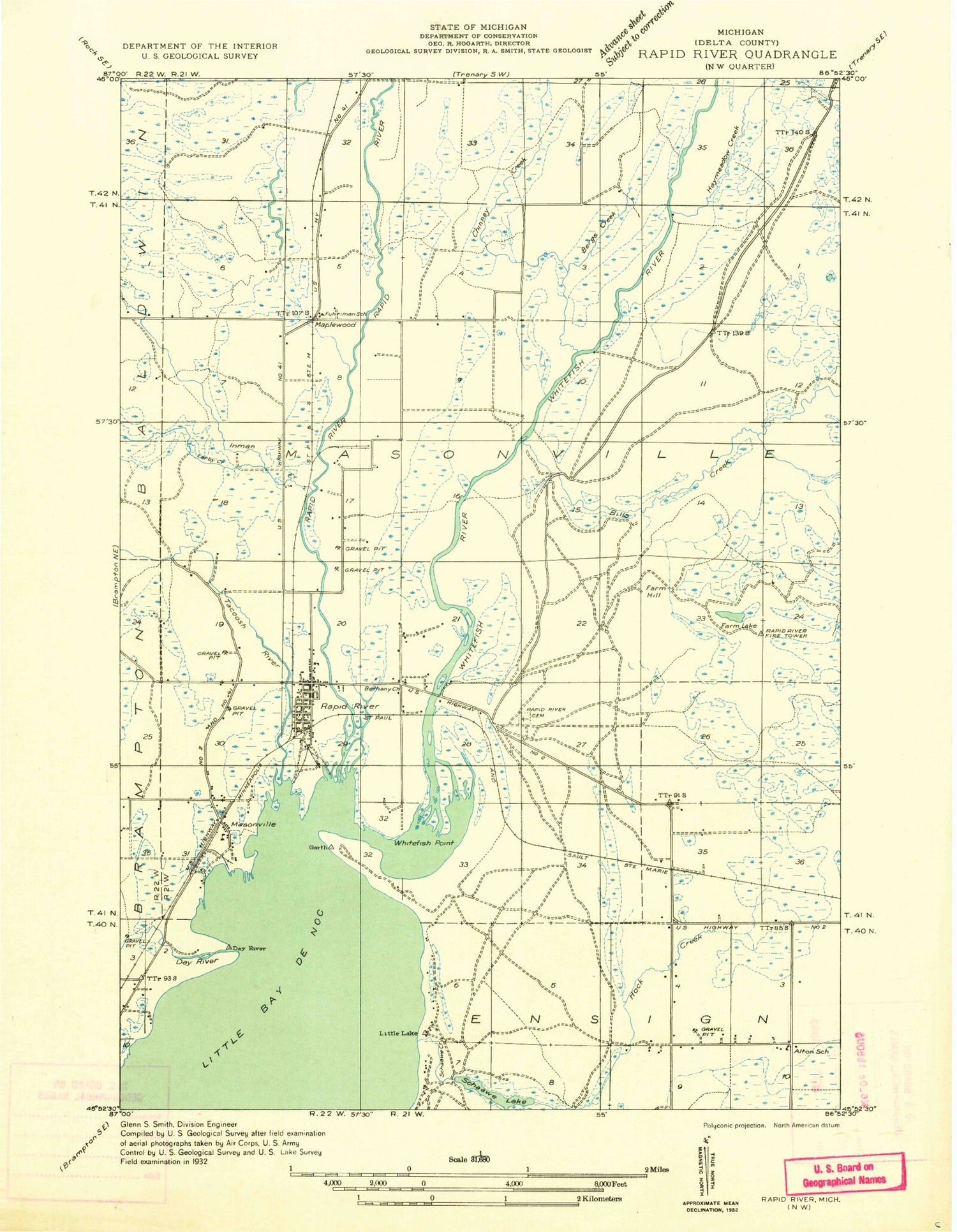 Classic USGS Rapid River Michigan 7.5'x7.5' Topo Map Image