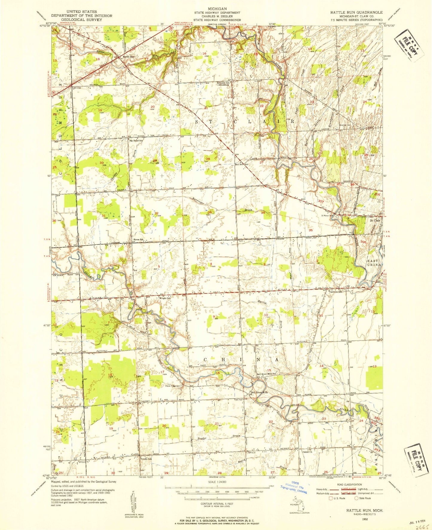 Classic USGS Rattle Run Michigan 7.5'x7.5' Topo Map Image