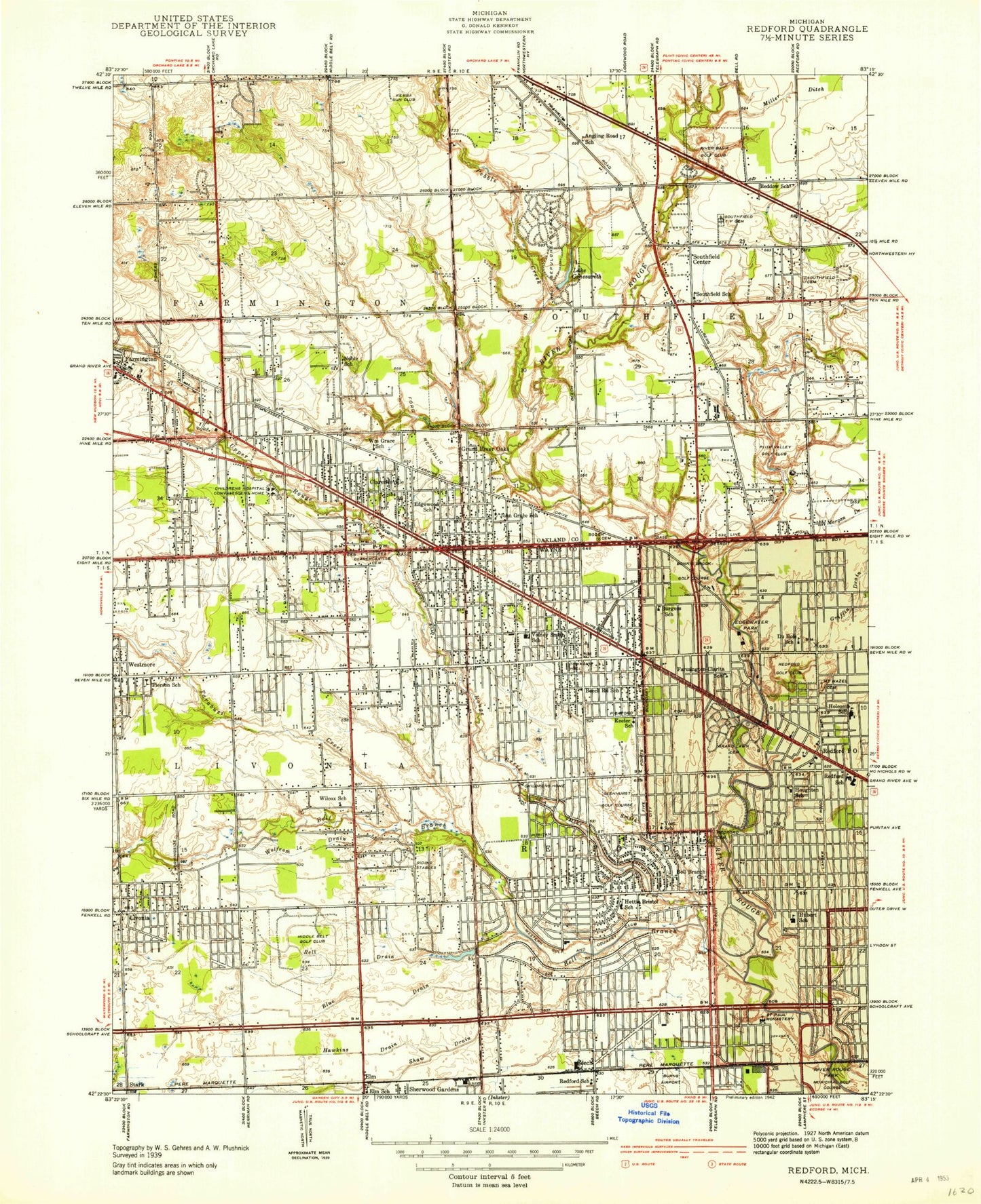 Classic USGS Redford Michigan 7.5'x7.5' Topo Map Image
