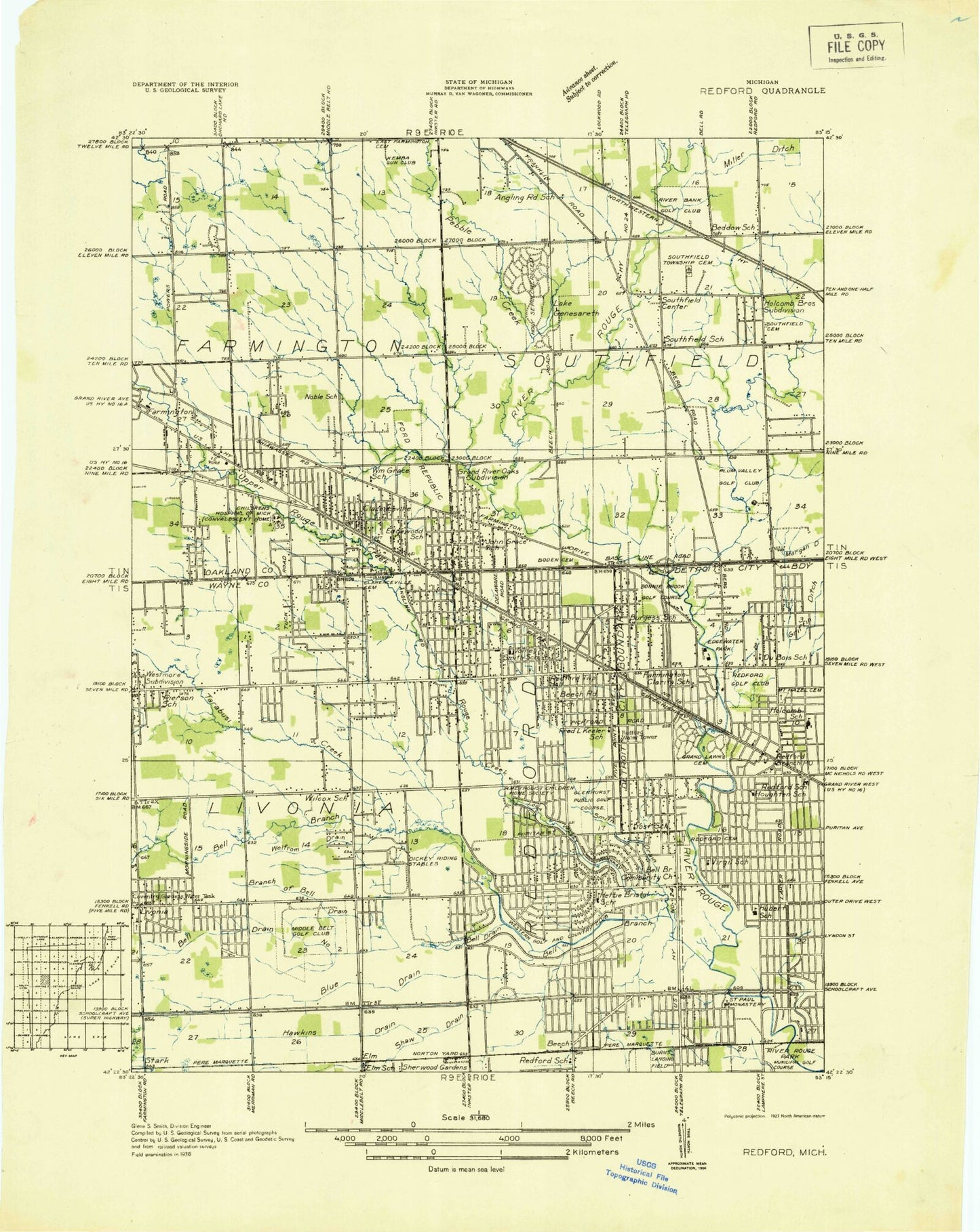 Classic USGS Redford Michigan 7.5'x7.5' Topo Map Image