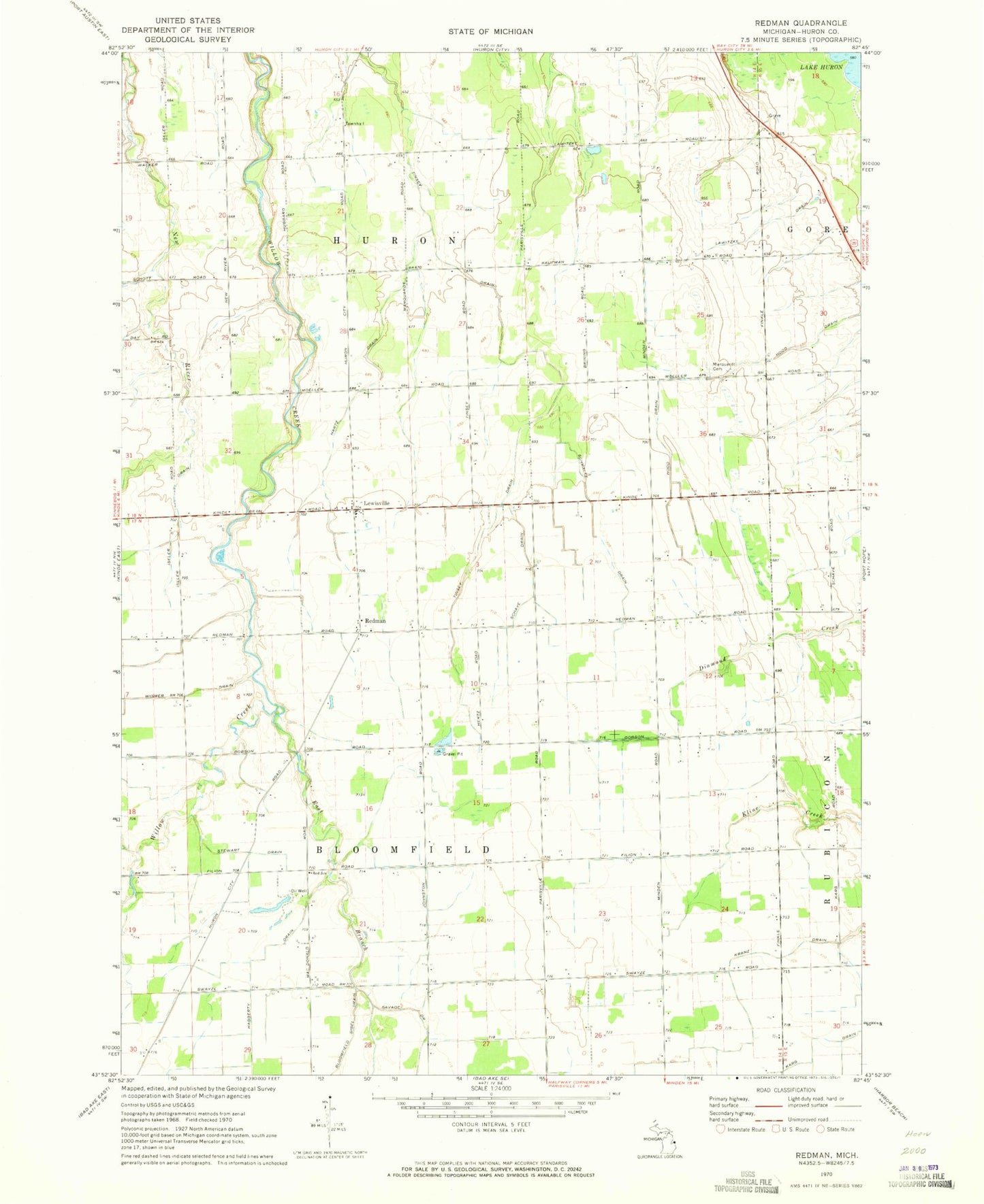 Classic USGS Redman Michigan 7.5'x7.5' Topo Map Image