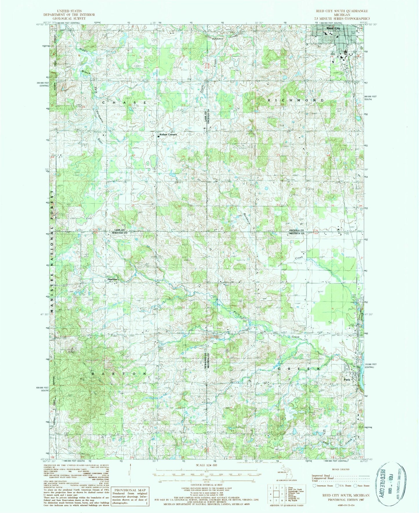 Classic USGS Reed City South Michigan 7.5'x7.5' Topo Map Image