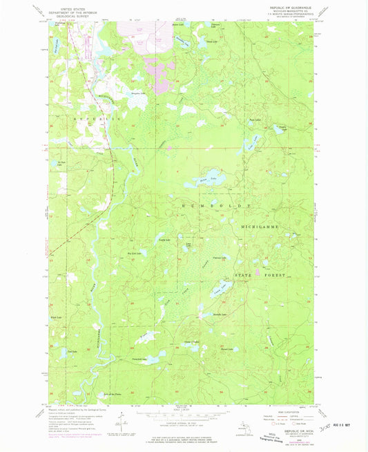 Classic USGS Republic SW Michigan 7.5'x7.5' Topo Map Image