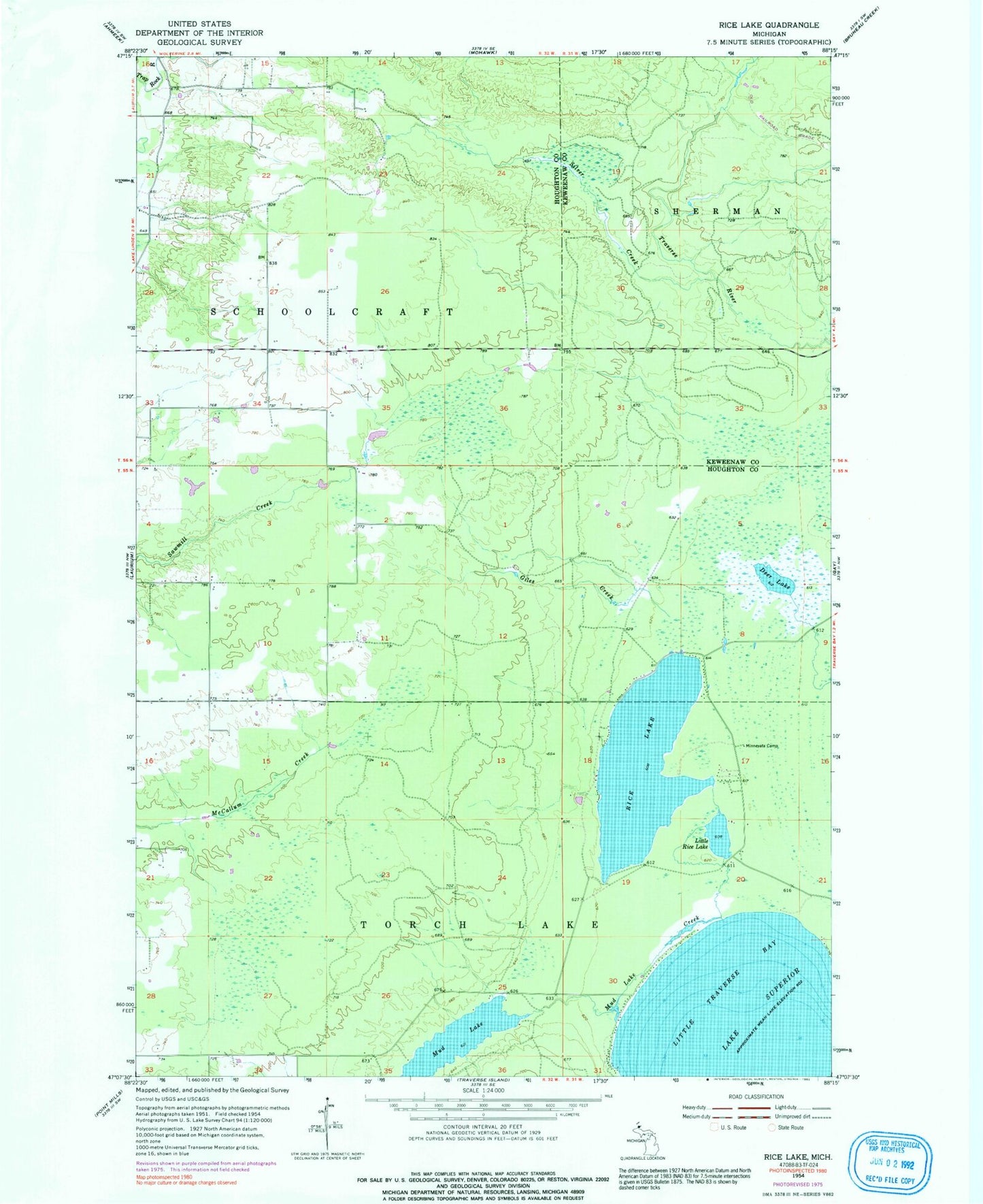 Classic USGS Rice Lake Michigan 7.5'x7.5' Topo Map Image