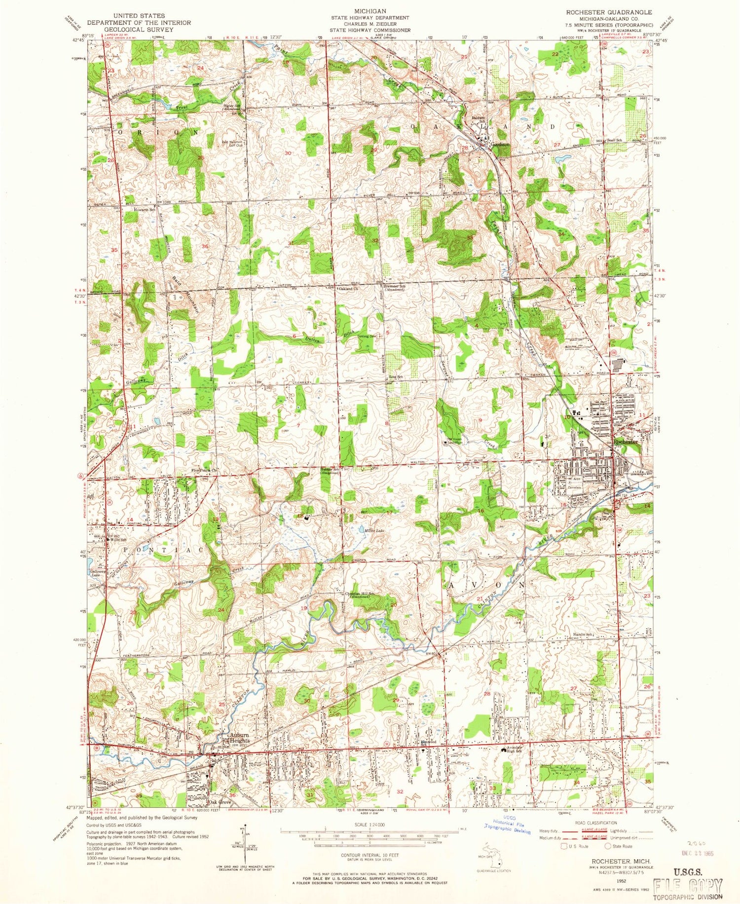 Classic USGS Rochester Michigan 7.5'x7.5' Topo Map Image