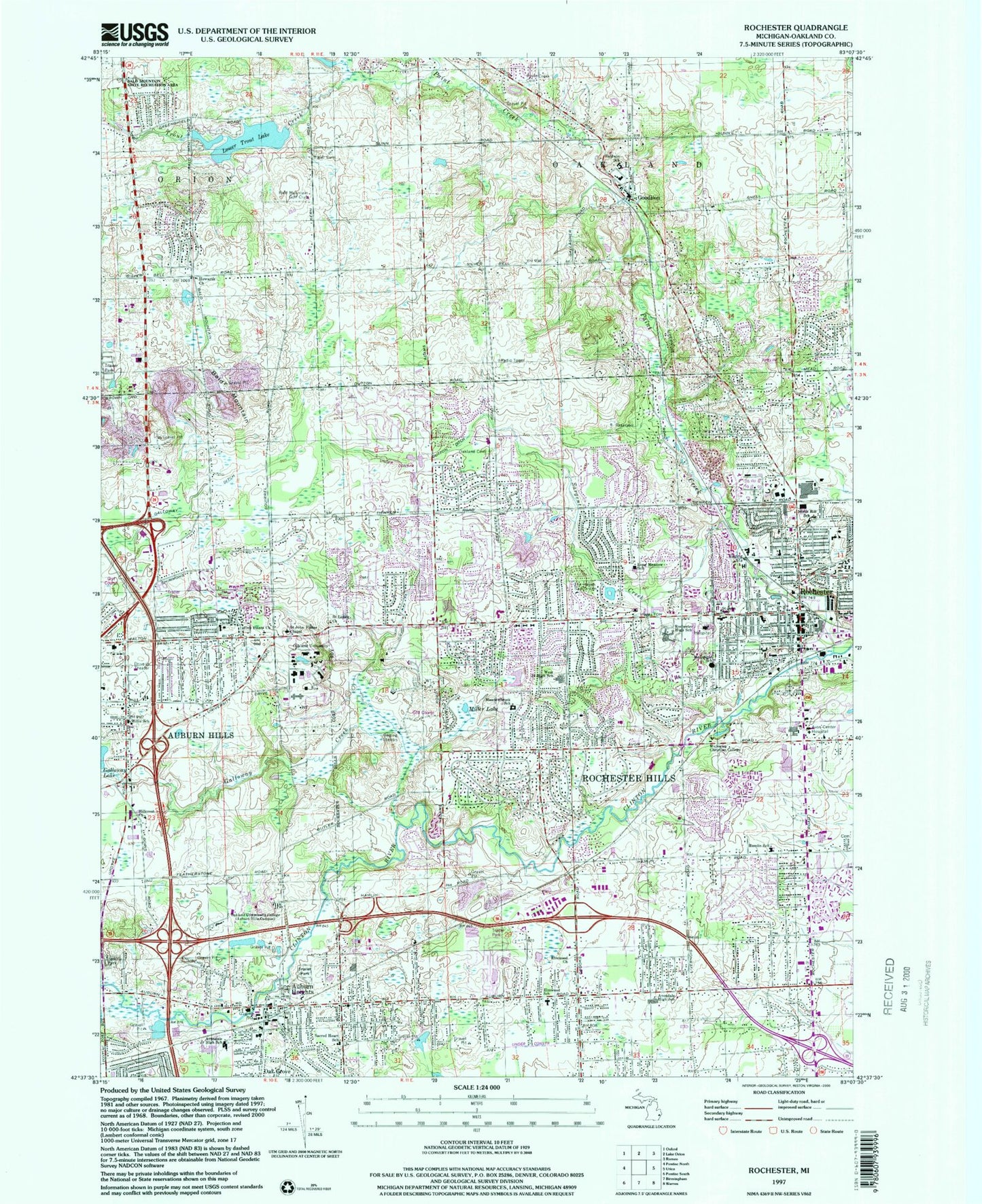 Classic USGS Rochester Michigan 7.5'x7.5' Topo Map Image