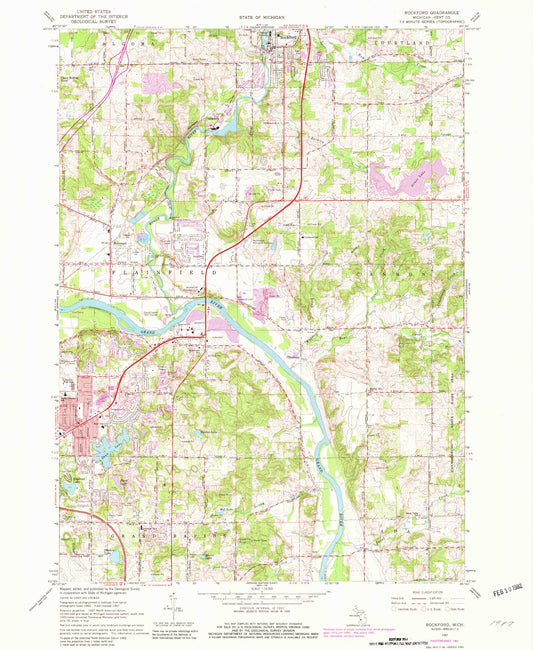 Classic USGS Rockford Michigan 7.5'x7.5' Topo Map Image