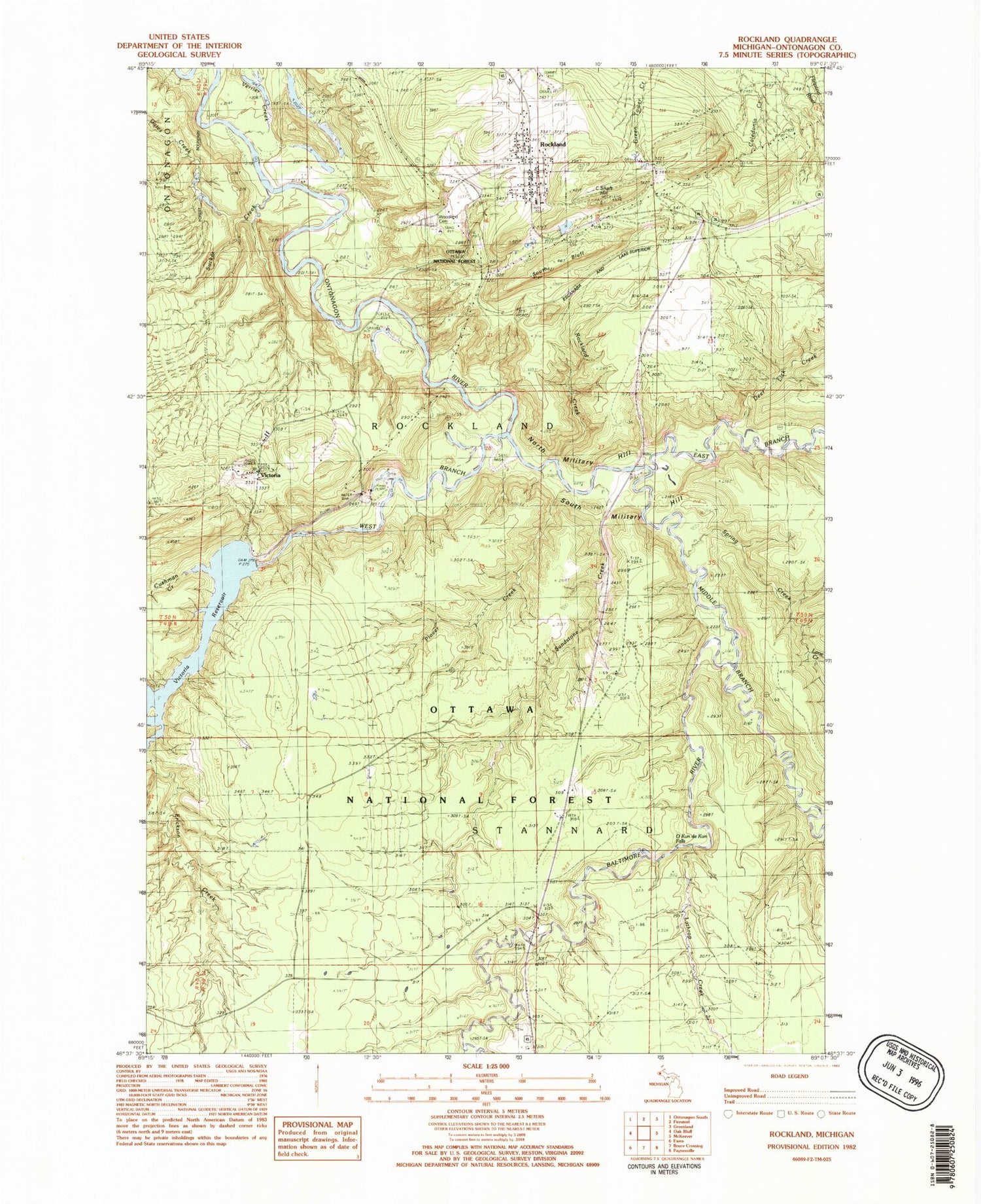 Classic USGS Rockland Michigan 7.5'x7.5' Topo Map Image