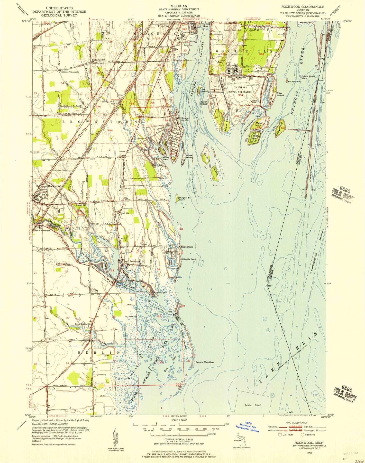 Classic USGS Rockwood Michigan 7.5'x7.5' Topo Map Image