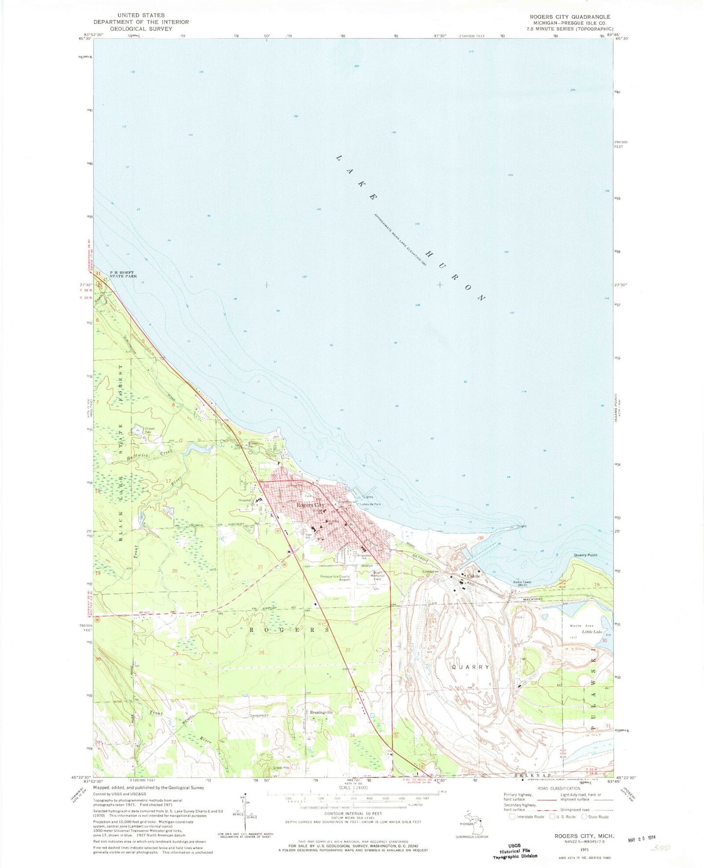 Classic USGS Rogers City Michigan 7.5'x7.5' Topo Map Image