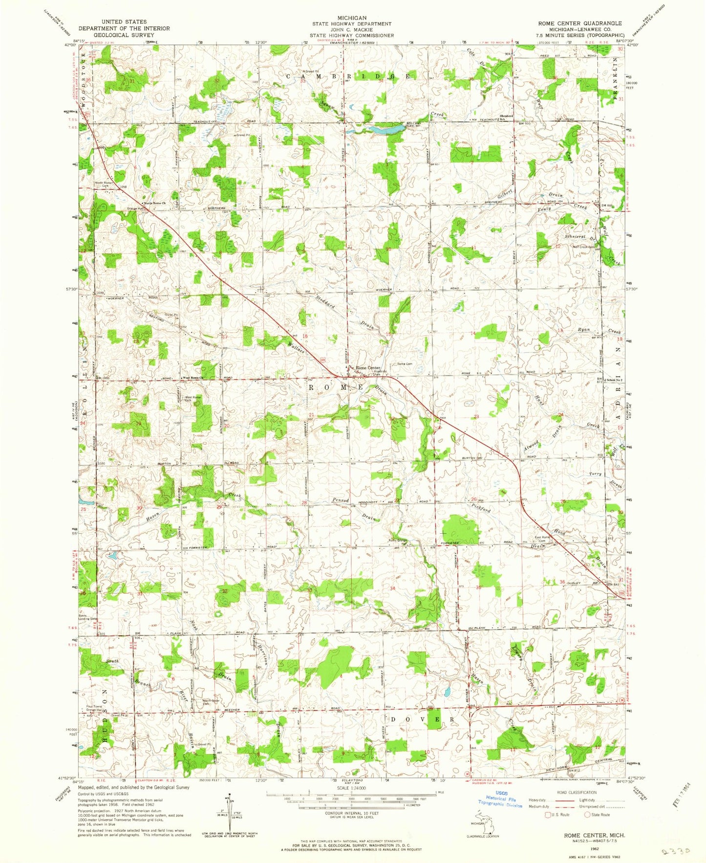 Classic USGS Rome Center Michigan 7.5'x7.5' Topo Map Image