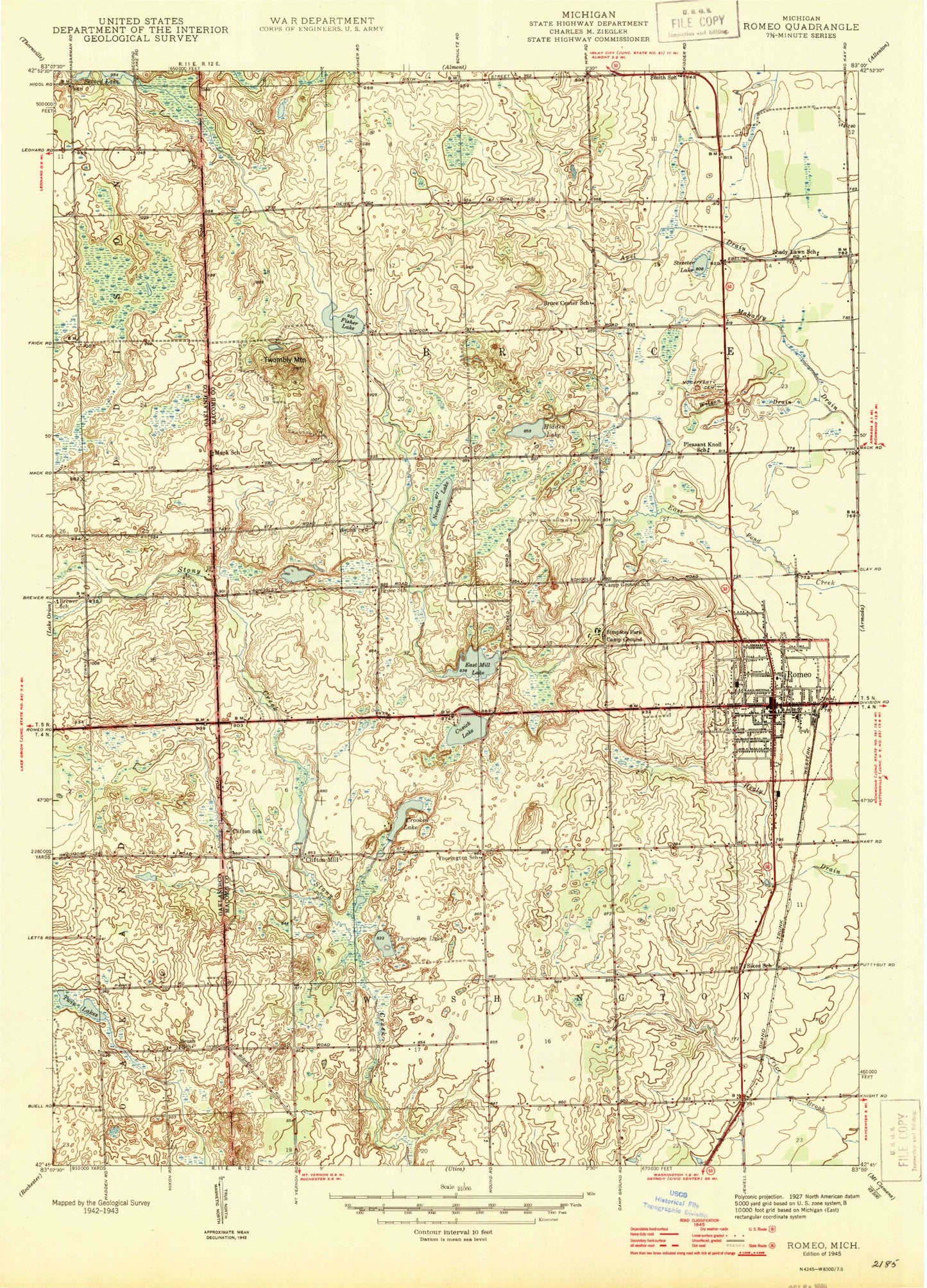 Classic USGS Romeo Michigan 7.5'x7.5' Topo Map Image