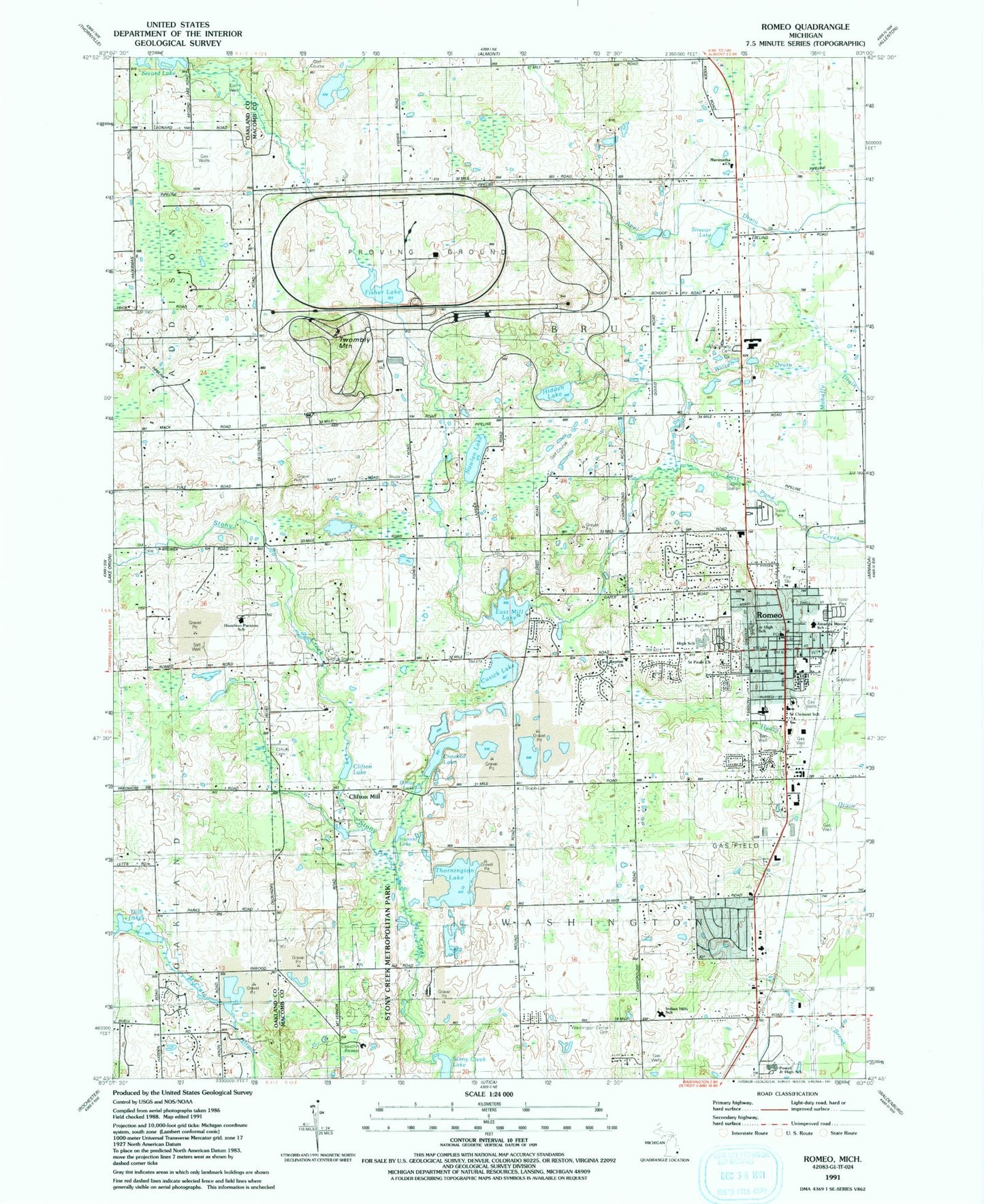 Classic USGS Romeo Michigan 7.5'x7.5' Topo Map Image
