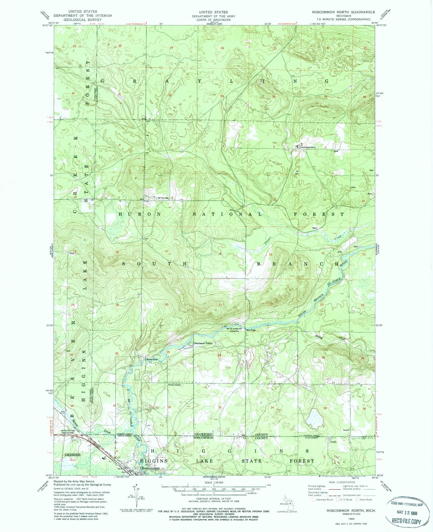 Classic USGS Roscommon North Michigan 7.5'x7.5' Topo Map Image