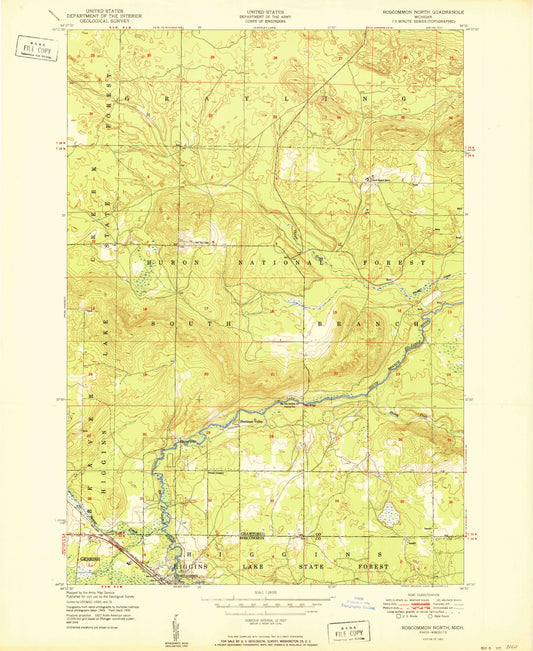 Classic USGS Roscommon North Michigan 7.5'x7.5' Topo Map Image