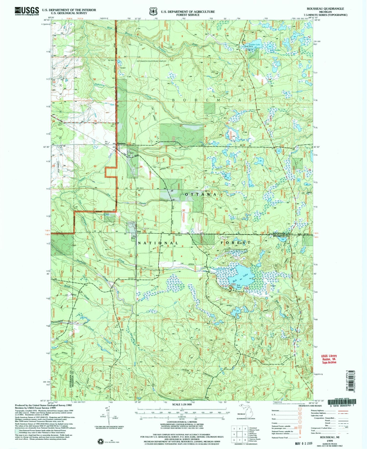 Classic USGS Rousseau Michigan 7.5'x7.5' Topo Map Image