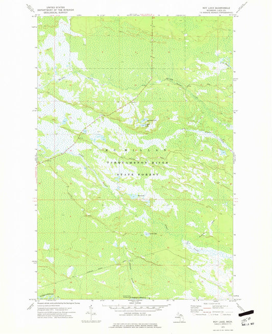 Classic USGS Roy Lake Michigan 7.5'x7.5' Topo Map Image