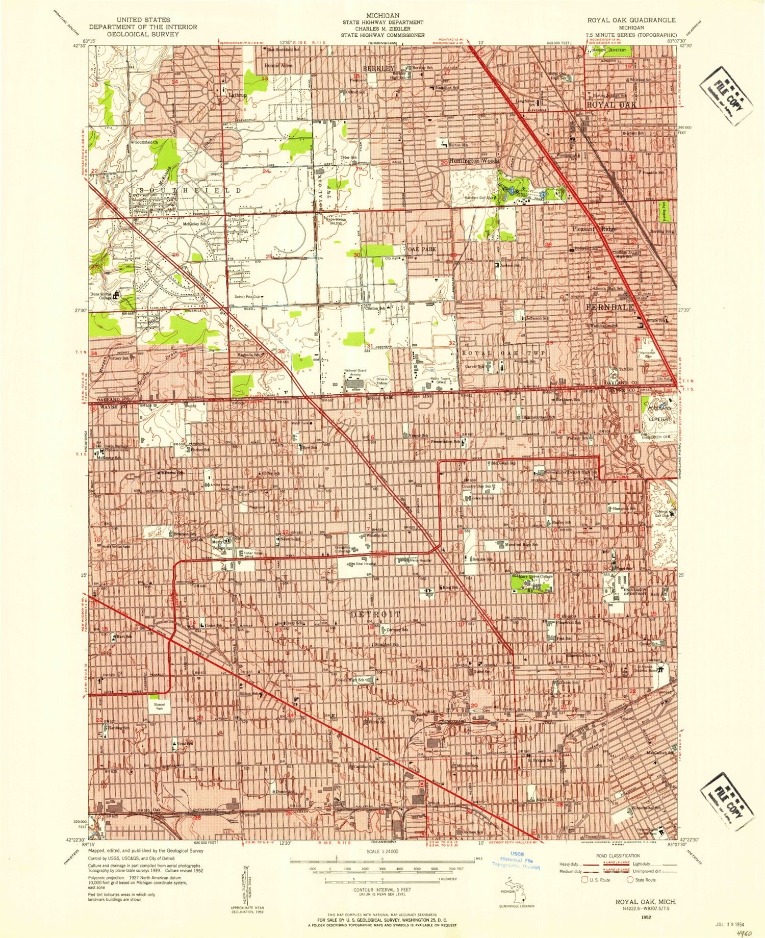 Classic USGS Royal Oak Michigan 7.5'x7.5' Topo Map Image