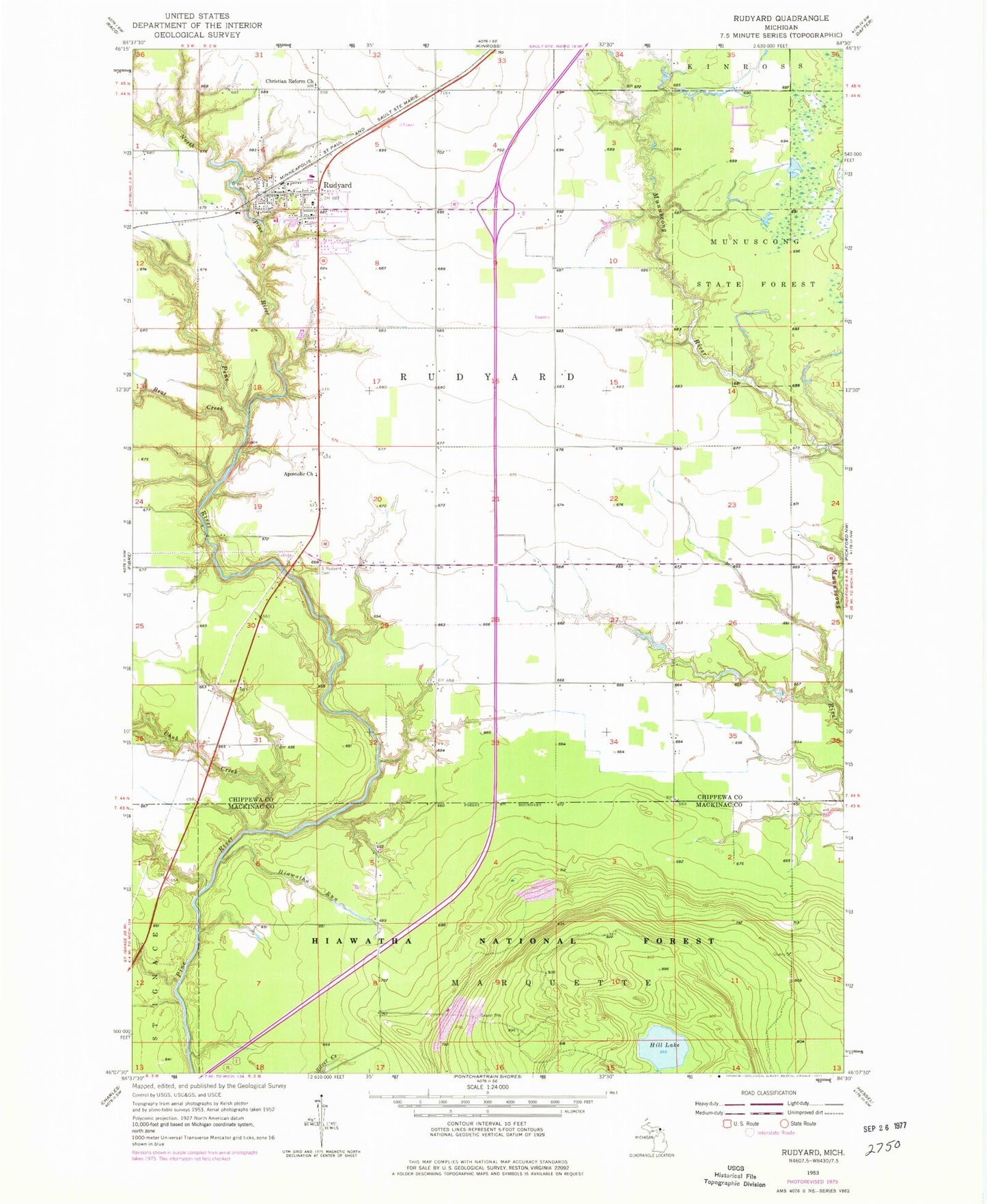Classic USGS Rudyard Michigan 7.5'x7.5' Topo Map Image