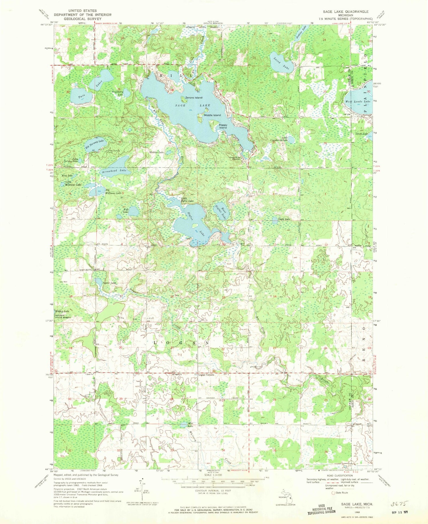 Classic USGS Sage Lake Michigan 7.5'x7.5' Topo Map Image