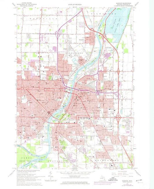 Classic USGS Saginaw Michigan 7.5'x7.5' Topo Map Image