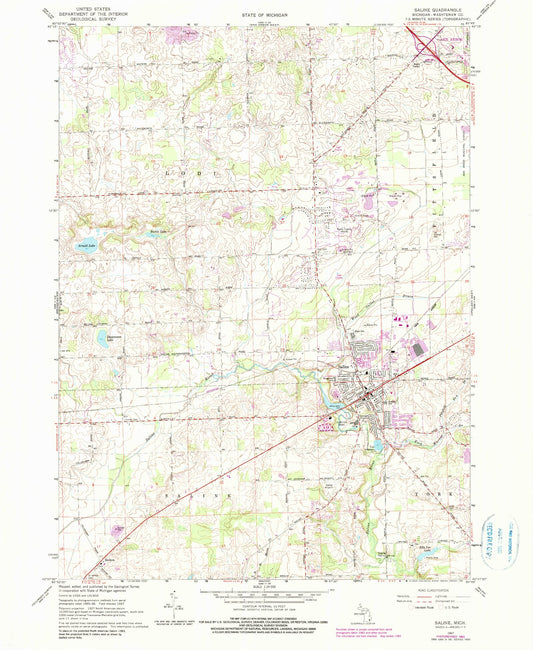 Classic USGS Saline Michigan 7.5'x7.5' Topo Map Image