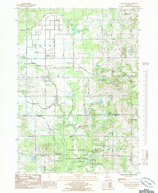 Classic USGS Sand Lake SW Michigan 7.5'x7.5' Topo Map Image