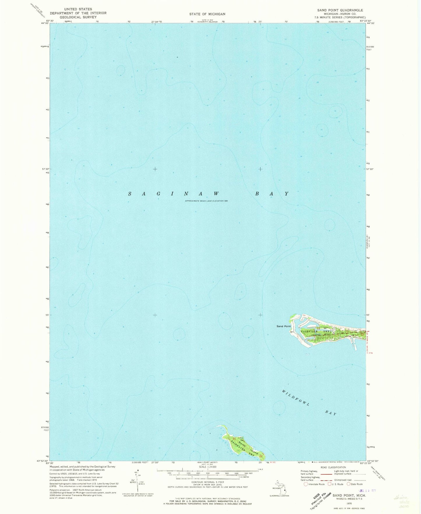 Classic USGS Sand Point Michigan 7.5'x7.5' Topo Map Image