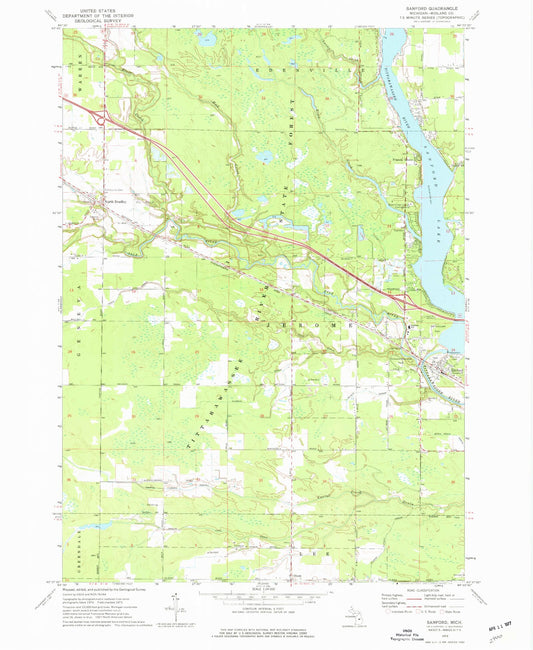 Classic USGS Sanford Michigan 7.5'x7.5' Topo Map Image