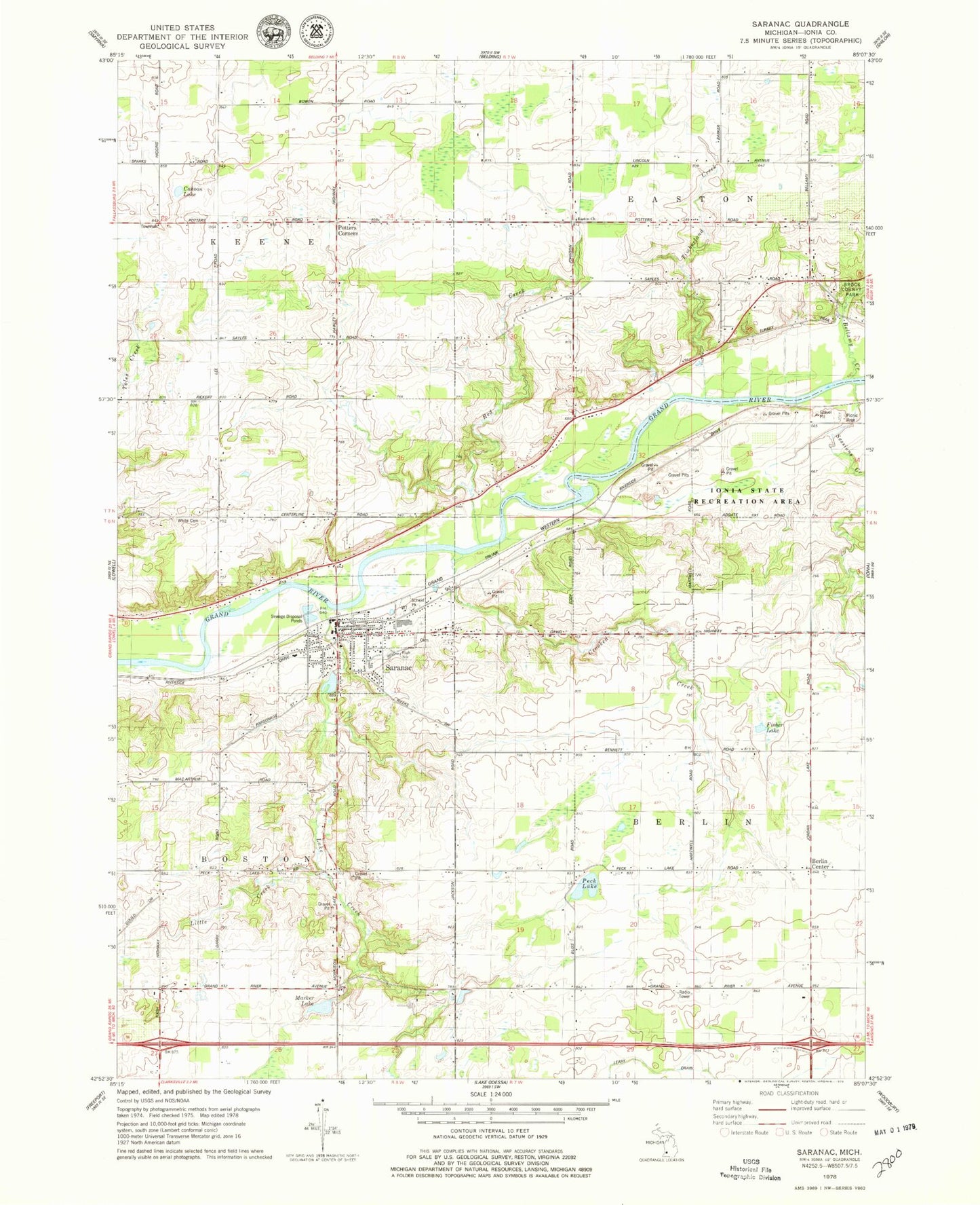 Classic USGS Saranac Michigan 7.5'x7.5' Topo Map Image