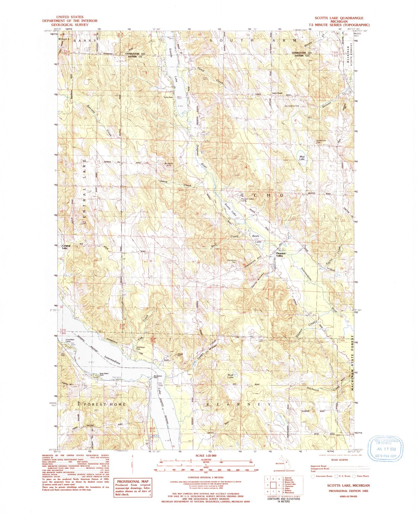 Classic USGS Scotts Lake Michigan 7.5'x7.5' Topo Map Image