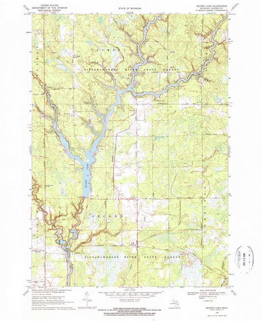 Classic USGS Secord Lake Michigan 7.5'x7.5' Topo Map Image